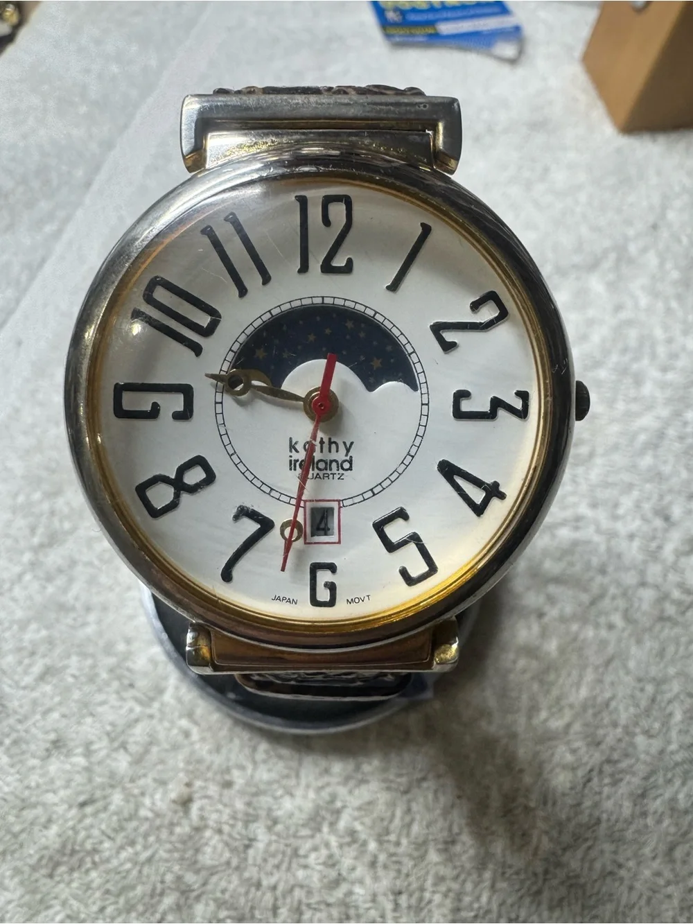 kathy ireland White Dial Moonphase Watch with Gold Accents and Red Second Hand